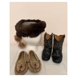 Vintage Davey Crocket Style Hat, Moccassins &Boots