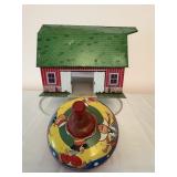 Vintage Tin Barn & Spinning Top