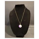 Lavender &White Necklace marked 14Kt knot in chain