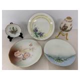 Hand Painted Porcelain Floral Plates & Egg
