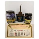 Vintage Oil Can, Writing Fluid Jars & Calendar