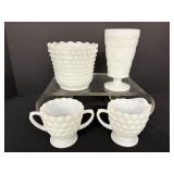 Fire Knig Milk Glass Hobnail Vases & Creamer Set