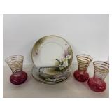 Bartlett Collins Cranberry Bud Vases 4'H & Painted
