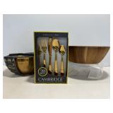 Cambridge 20pc Stainless Flatware, 4qt &Wood Bowls