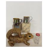 Silver Plate Cups, Glass Dog Bottle & Squirrel