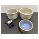 Vtg Stoneware small crocks & mini pitcher & bowl