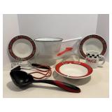 Coca-Cola bowls, mug enamelware saucepan.