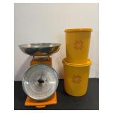 Retro style scale, Tupperware canisters