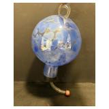 Hand blown blue art glass humming bird feeder