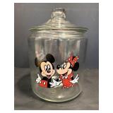 Vtg Mickey & Minnie glass cookie jar 8"D x 10.5"H.