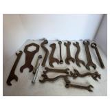 Vtg Misc wrenches, metal carrier & misc items.