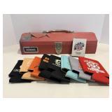 Tool box, playing cards & drink cozies.