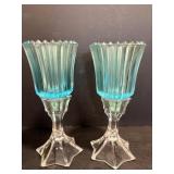 Vtg Pair of ribbed Horizon blue votive candle...