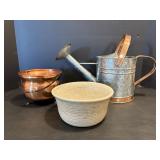 Vtg Watering can, copper pot & Stoneware pottery..