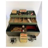 Vtg fishing tackle box, (2) fishing reels.