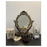 Plastic gold cherub mirror & misc decor