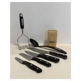Farberware knives, block, potato masher & misc