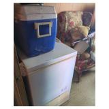 Contents of Room Including Floral Armchair, Chest Freezer & More