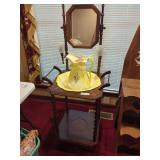 Vintage Wooden Washstand with Mirror & Pitcher/Bowl Basin Set