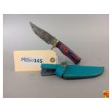 Damascus Style Steel Knife with Turquoise Sheath
