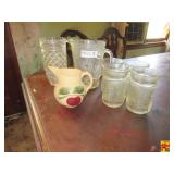Vintage Watts Pottery Pitcher, (2) Pressed Glass Pitchers & (4) Frosted Glasses