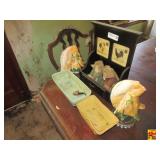 Wood Mail Holder, (2) Pottery Planters & (2) Conch Shell Figurines