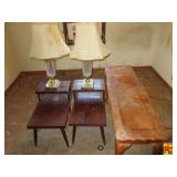 (2) Vintage End Tables, (2) Glass Table Lamps & Library Table