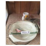 Mixed Kitchenware Lot: Baking Dish, Colander, Mug, and More