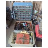 Assorted Tools, Hardware, Lawn Mower Wheel, and Plumbing Supplies