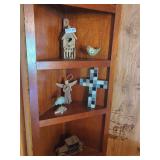 Contents Of Shelves:  Cast Iron Model A Ford Car, Birdhouse, Bird Figurines, Cross, Angel Ornament