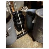 (3) Large Garbage Cans, Smaller Trash Cans, Push Broom