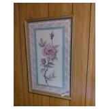 Vintage Pink & Purple Rose Framed Print with Gold Frame and a White Lace-Patterned Mat.