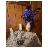 Contents on Table: Vase with Faux Flowers, Figurines