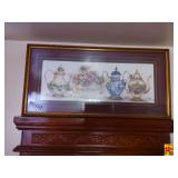 Framed Print Featuring Four Decorative Teapots by Frankie Buckley & A Vintage Floral Porcelain China Collector Plate with Gold Trim