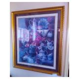 Framed & Matted Print of Teapots, Cups, and a Large Bouquet of Pink & Purple Roses
