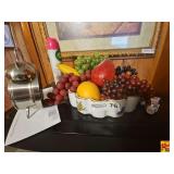 Contents on Top of Microwave: Bowl with Faux Fruit & Alarm Clock