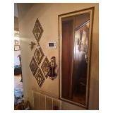 Framed Mirror, Decorative Diamond Plaques, Cherub, and Candle Holder