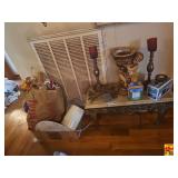 Ornate End Table with Angel Figurine and Candle Holders