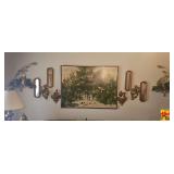Wall Decor Grouping: Painting, Mirrors, Figurines, Sconces