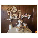 Assorted Home Decor Items: Teapot, Figurines, and Wall Shelves