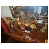 Pair of Decorative Golden Cherub Statues and Bowl of Fruit with Vase