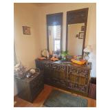 Ornate Wood Dresser with Mirrors and Side Table