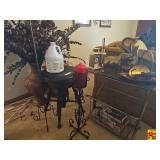 Brass Decor, Table, Vase, and Stool Grouping