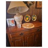 Table Lamp, Decorative Plates, Glass Plate Set, and Cabinet