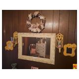 Wall Decor with Mirror, Candle Holders, Wreath, and Frame