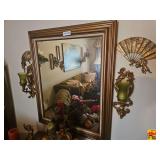 Large Framed Wall Mirror with Sconces and Decorative Fan