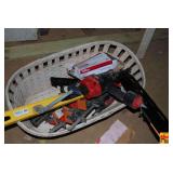 Mixed Lot of Nail Guns, Clamps, Level, and Nails