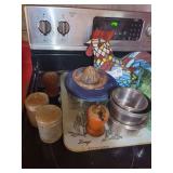 Coca-Cola Glasses, Metal Bowls, Tin Salt/Pepper Shakers, Fruit Reamer & Mosaic Rooster