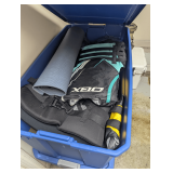 Blue Plastic Storage Container with Assorted Items