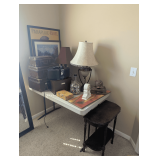 2-Tier Side Table & Contents Of Table:  table lamps, mantle clock, CD player, vintage cases & framed prints